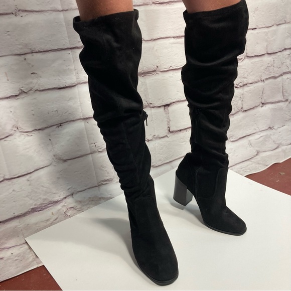 Just Fab Larken Faux Suede Over the Knee Black Boots SZ 8.5 Chunky Heel Side Zip - Picture 1 of 11
